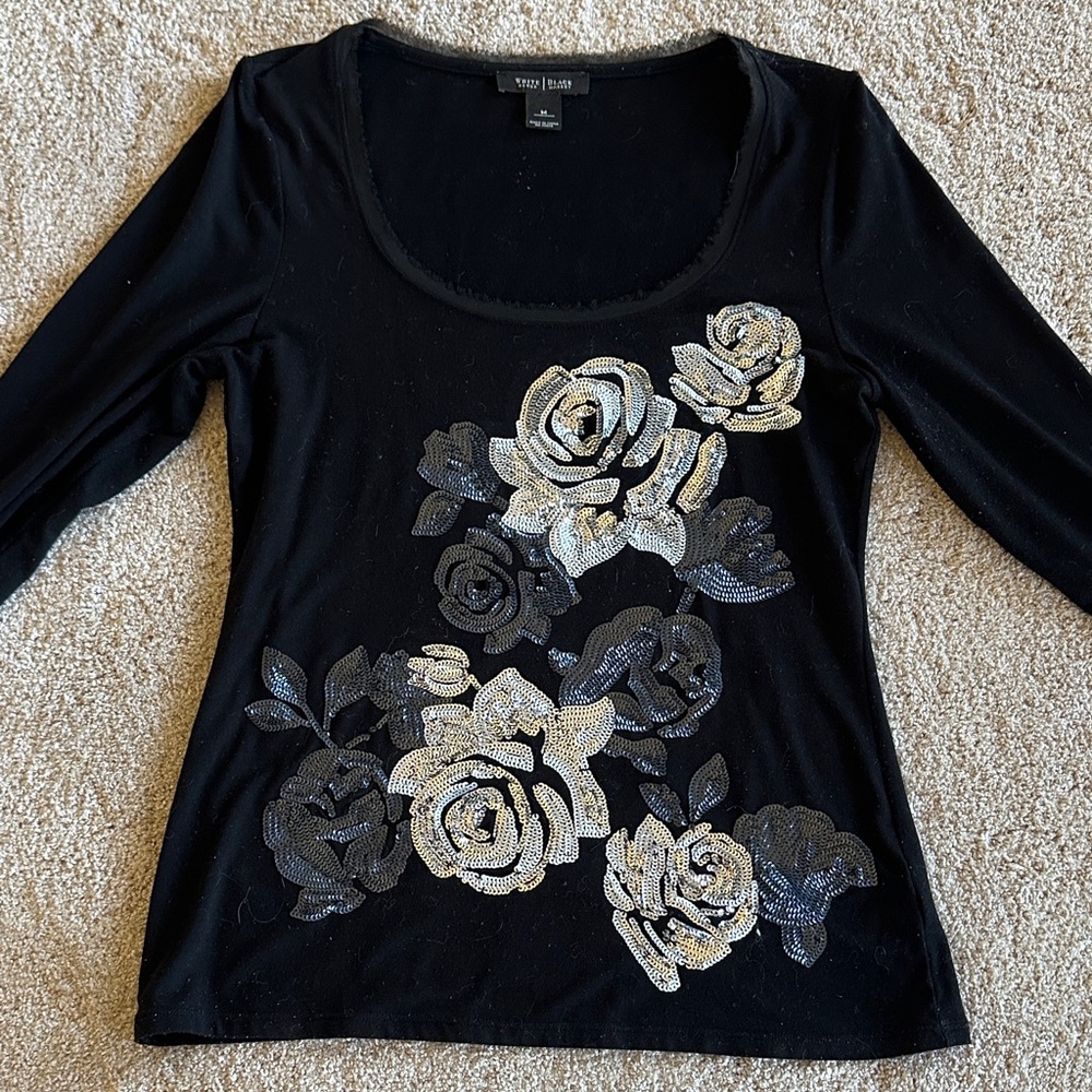 WHBM Black and Silver Floral Long Sleeve Top